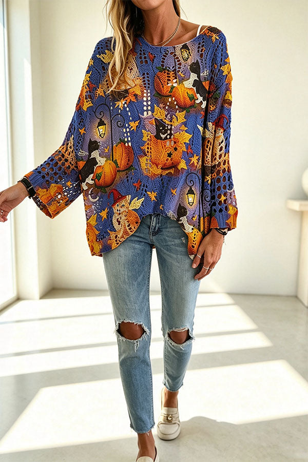 Halloween Pumpkin & Bat Hollow Out Knit Oversized Sweater-Consonak