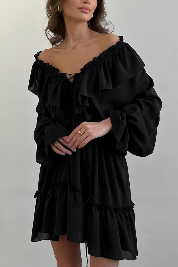 Solid Color V-neck Ruffled Ruched Long-sleeved Vacation Mini Dress | Consonak