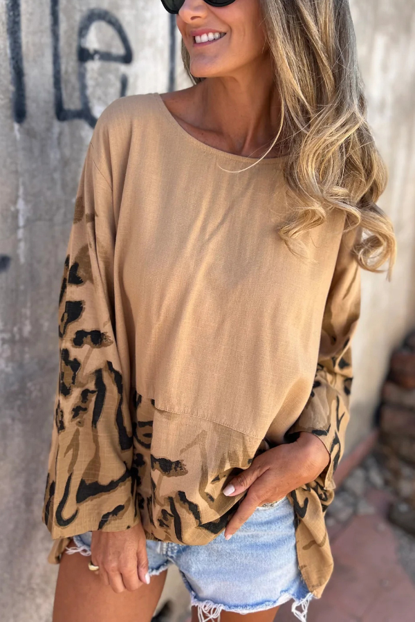 Leopard Print Loose-fitting Round Neck Long-sleeved Casual Top-consonak