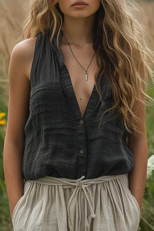 Linen Blend Solid Color Casual V-neck Pocket Sleeveless Shirt