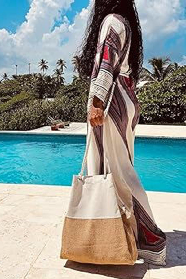 Linen Blend Contrast Patchwork Beach Bag-consonak