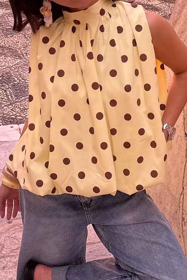 Kaiah Polka-Dot High Neck Back Slit Bow Tie-up Sleeveless Loose Top