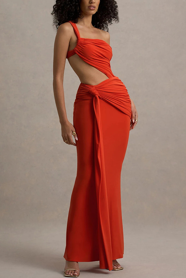 Sexy One-shoulder Backless Ribbon Pleated Slim Maxi Dress-consonak