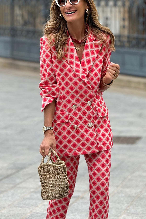 Chic Lady Unique Print Metal Button Pocketed Lapel Blazer and Elastic Waist Flare Pants Set-consonak