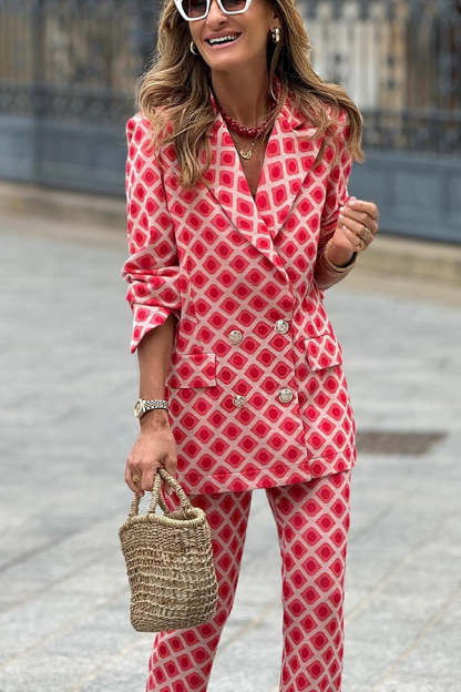 Chic Lady Unique Print Metal Button Pocketed Lapel Blazer and Elastic Waist Flare Pants Set-consonak