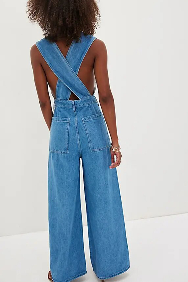 Bold Design Denim Vest-inspired Bodice Crisscross Strap Pocket Loose Jumpsuit | Consonak