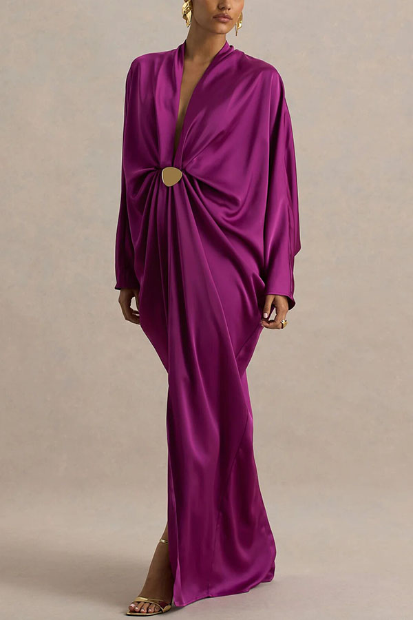 Tina Satin Plunge V-neck Gold Trim Detail Long Batwing Sleeve Maxi Dress | Consonak