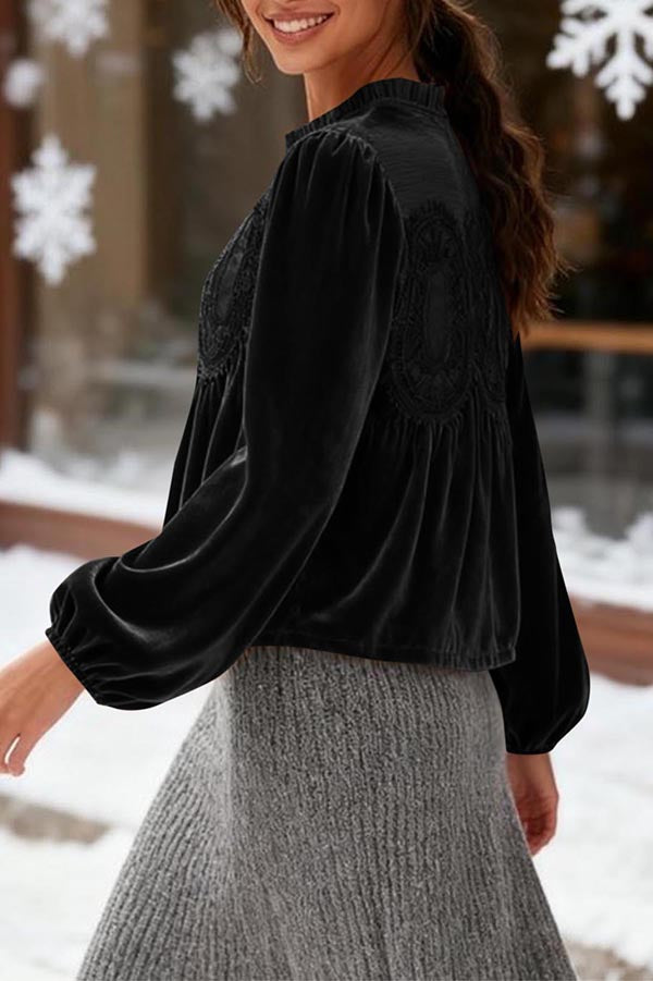 Fashionable Velvet and Lace Patchwork Loose Long-sleeved Top-consonak