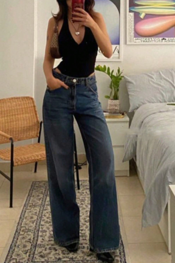 Stylish Pocket Casual Straight Wide Leg Women's Jeans-consonak