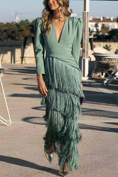 Solid Color V-Neck Long Sleeve Elegant Tassel Maxi Dress-consonak