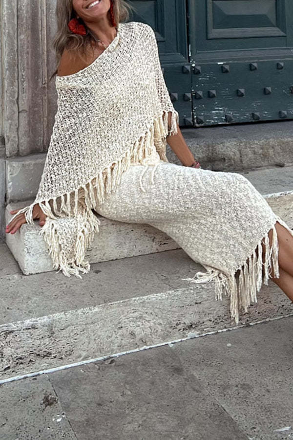 Sunset Breeze Hollow Out Tassel Knit Cover-up Top-consonak