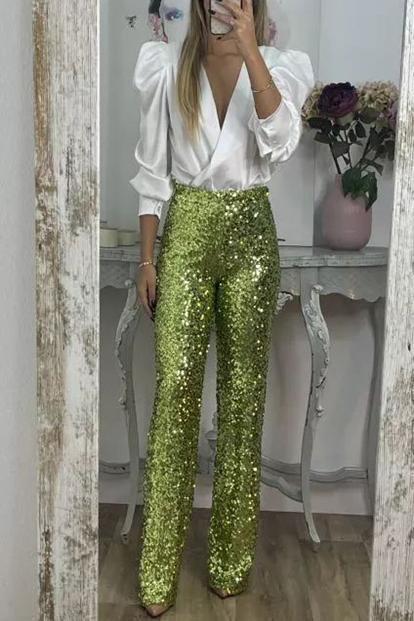Glitzy Glamour Sequin High Rise Elastic Waist Wide Leg Pants | Consonak