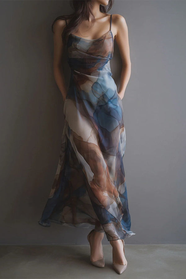 Monet's Dream Abstract Watercolor Cowl Neck Maxi Dress-Consonak