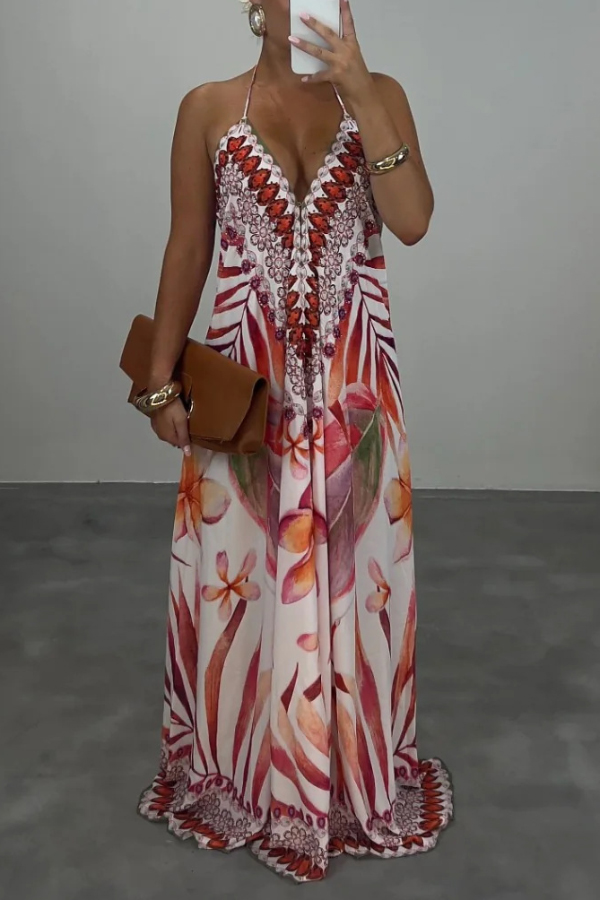 Bohemian Style Unique Print Sleeveless Backless Loose Maxi Dress