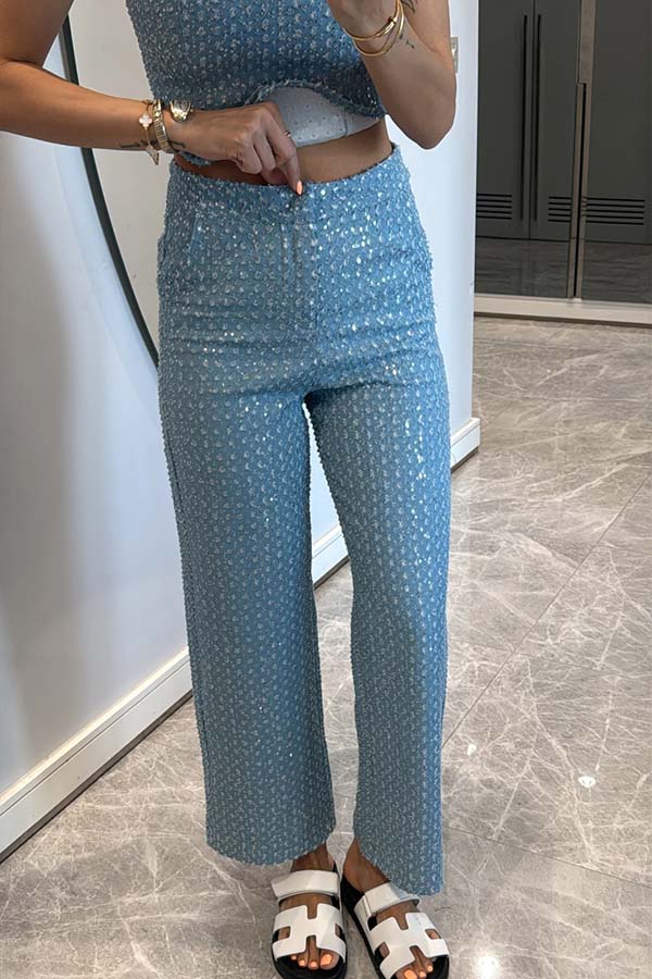 Fashionable Look Denim Sequin Textured High Rise Pocket Straight Jeans-consonak