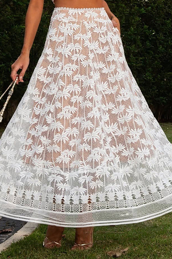 Island Dating Coconut Tree Embroidery Lace High Rise Pocketed A-line Maxi Skirt-consonak