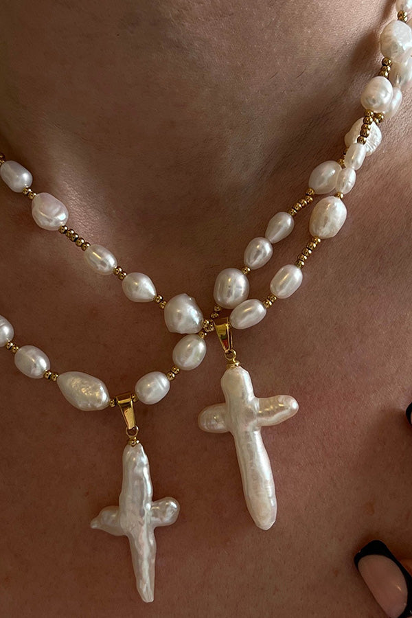 Stylish Pearl Cross Necklace-consonak