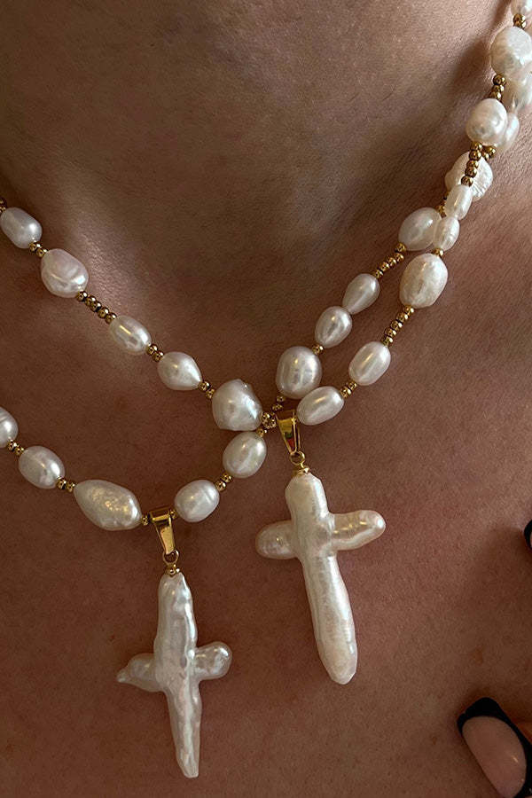 Stylish Pearl Cross Necklace-consonak