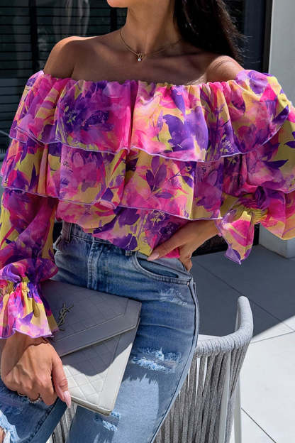 Colorful Botanical Print Sexy Off-shoulder Ruffle Top-consonak