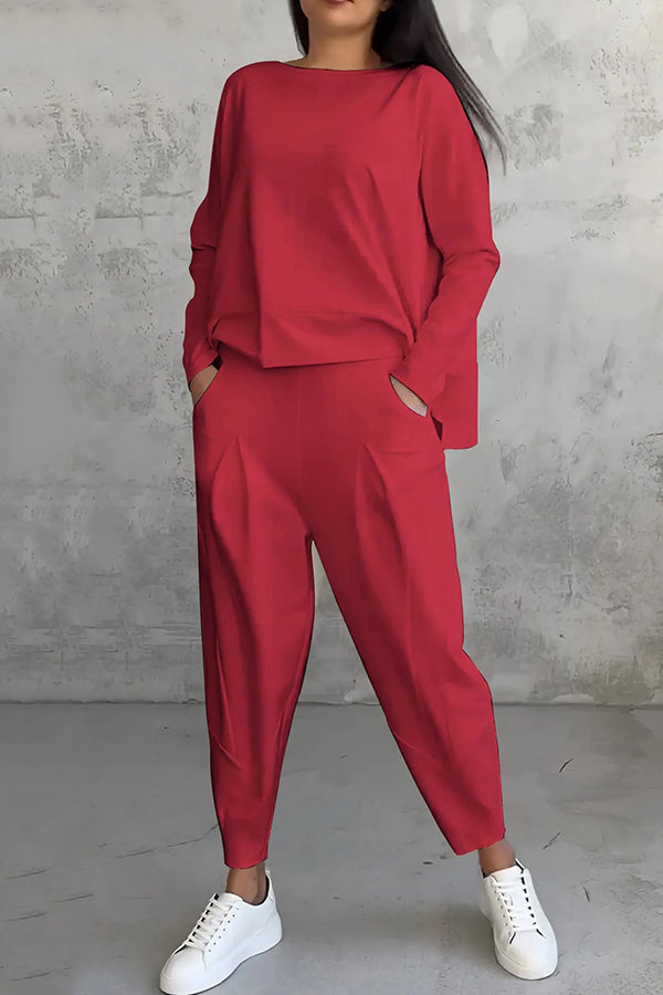 Solid Color Crew Neck Long-sleeved Irregular Loose Top and Elastic Waist Pocket Casual Pants Set-consonak