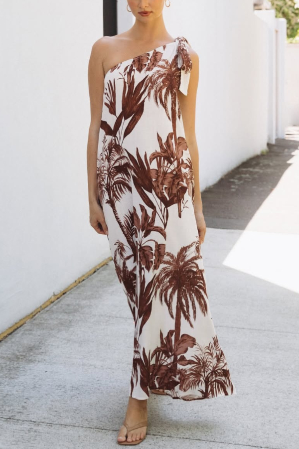 Botanical Print Sleeveless One-shoulder Casual Vacation Maxi Dress-consonak