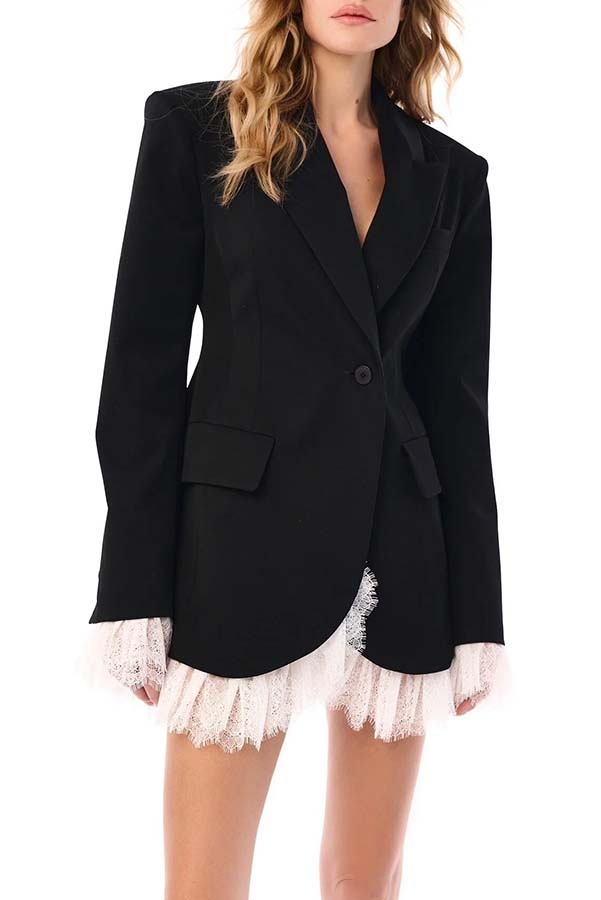 Cue The Chic Lace Trim Button Long Sleeve Lapel Blazer Mini Dress-consonak