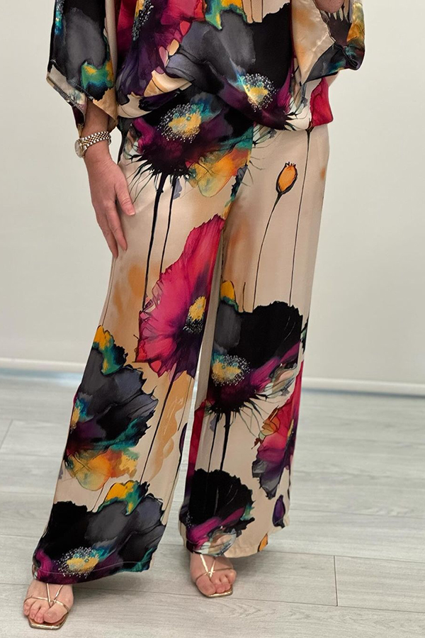 Satin Botanical Print Crew Neck Casual Top and Elastic Waist Loose Pocket Pants Set-consonak