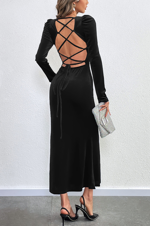 Velvet Long-sleeved Sexy Backless Slim Fit Fishtail Maxi Dress-consonak