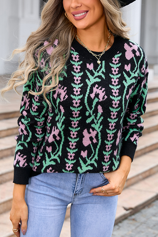 Fashionable Floral Knitted Crew Neck Casual Sweater-consonak