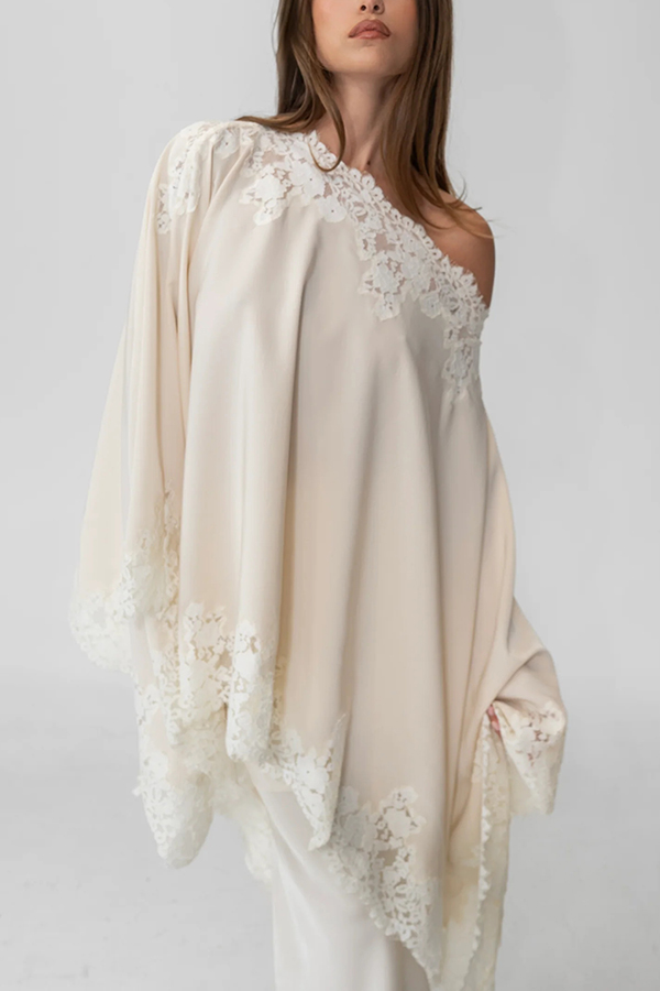 Like A Swan Satin Lace Trim Off Shoulder Wide Sleeve Cape Top-consonak
