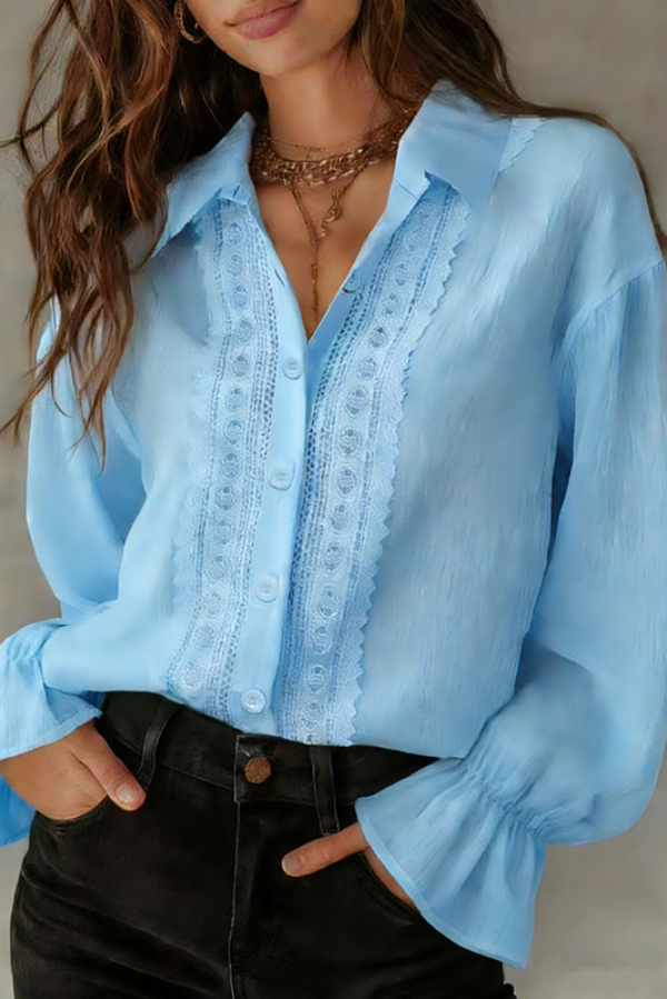 Solid Color Patchwork Lace Lapel Long-sleeved Button Casual Shirt-consonak