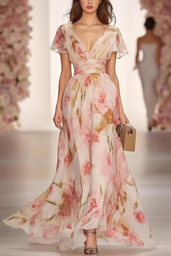 Floral Print V-neck Short-sleeved Waist Casual Maxi Dress-consonak
