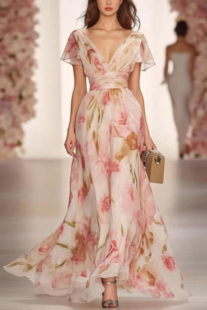 Floral Print V-neck Short-sleeved Waist Casual Maxi Dress-consonak