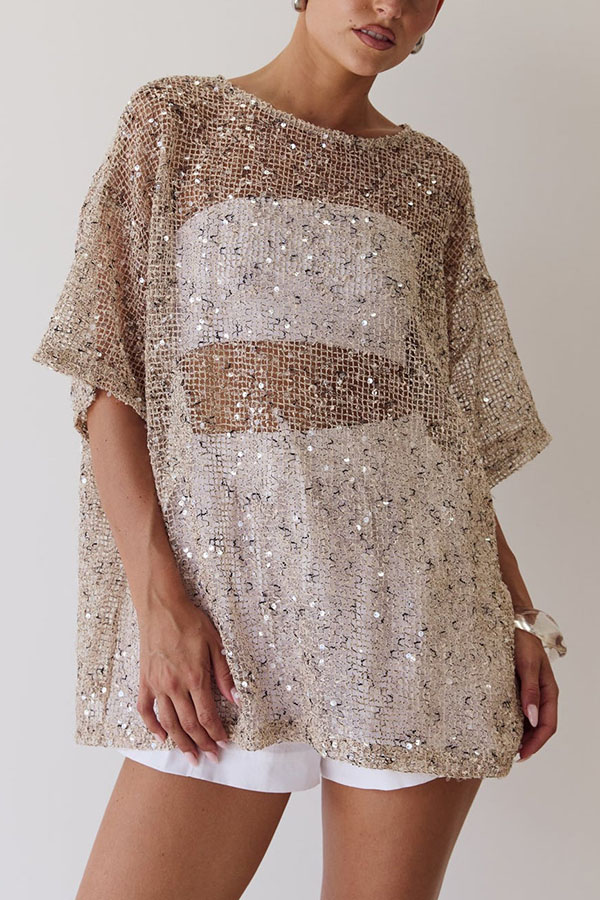 Edela Sheer Sequin Knit Fabric Short Sleeve Oversized Cover-up Tee