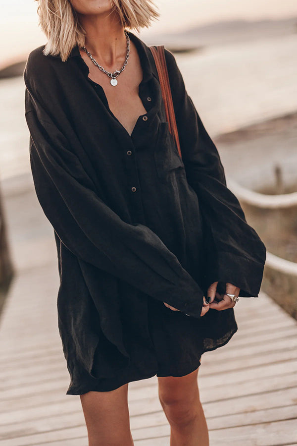 Go To The Beach Linen Blend Pocketed Long Sleeve Oversized Shirt | Consonak