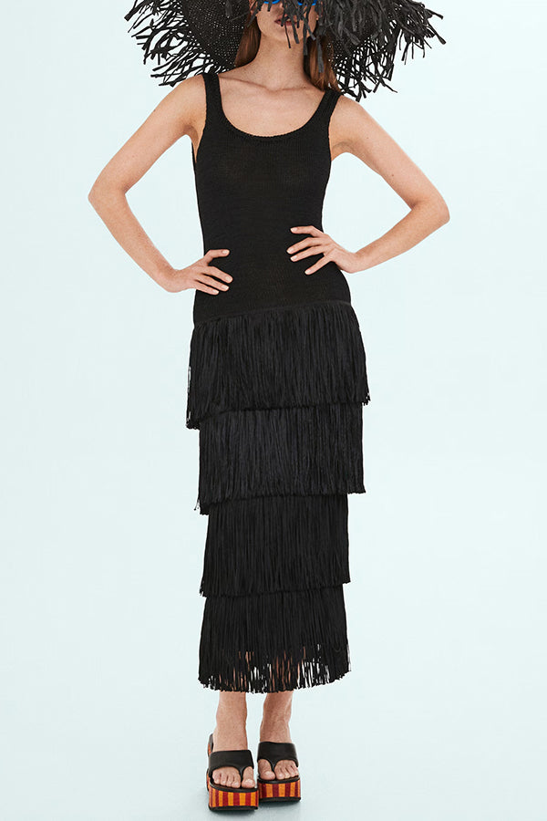 Solid Color Sleeveless Slim Fit Fringed Hem Knitted Midi Dress-consonak