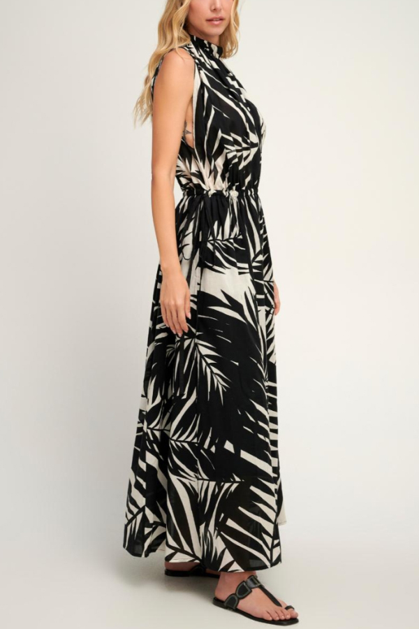 Leaf Print Sleeveless Waist Tie Casual Holiday Maxi Dress