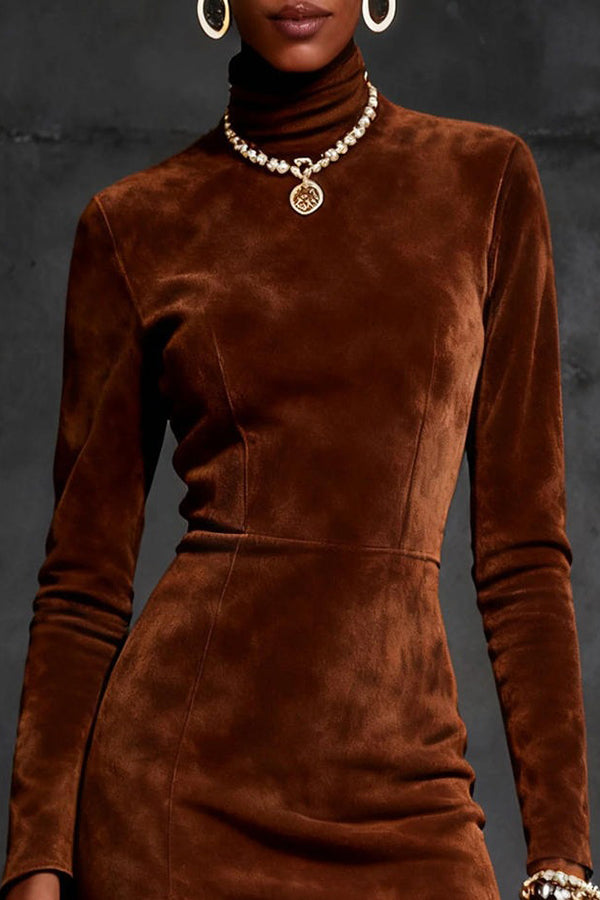 Stylish Suede Turtleneck Long-sleeved Slim-fit Tassel Mini Dress | Consonak