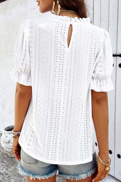 Solid Color Short Sleeved Patchwork Hollow Pleated Shirt-consonak