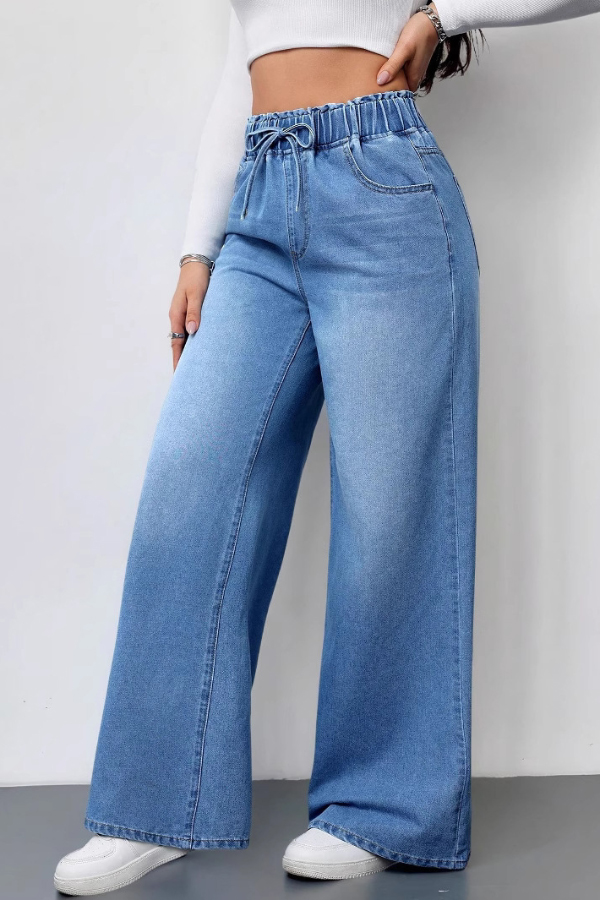 Solid Color Casual Elastic Waist Drawstring Loose Wide-leg Jeans