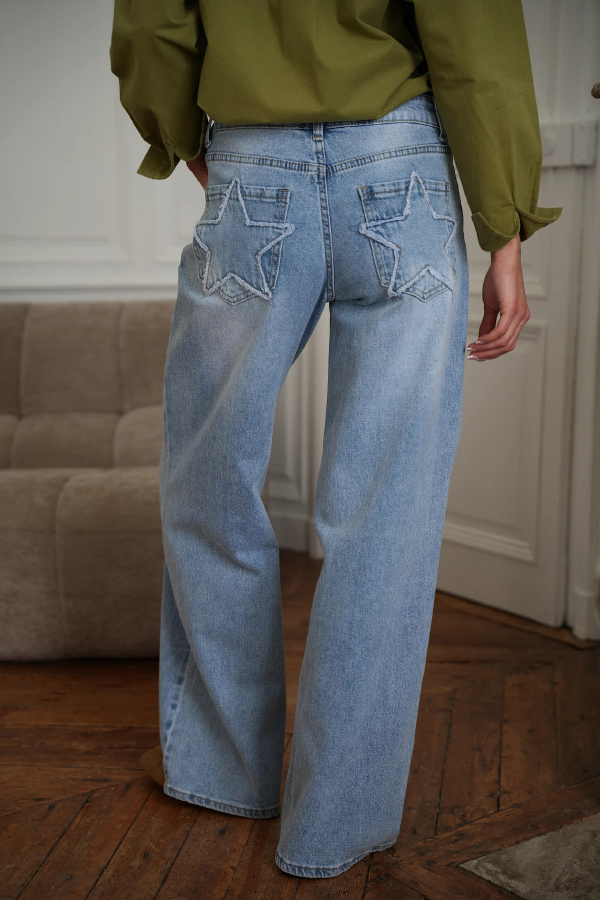 Stylish Denim Colorblock Star Patterned Mid Waist Pocket Wide Leg Jeans-consonak