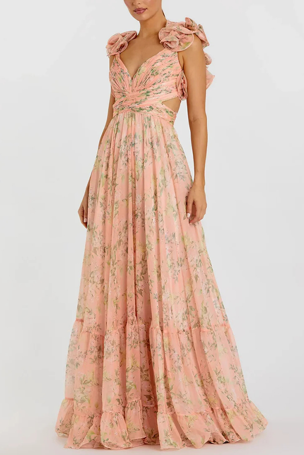 Delicate Garden Chiffon Floral Print Tiered Ruffle Cutout Back Lace-up Gown Maxi Dress | Consonak