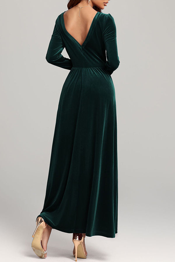 Solid Color Velvet Square Neck Long Sleeve Elegant Maxi Dress-consonak