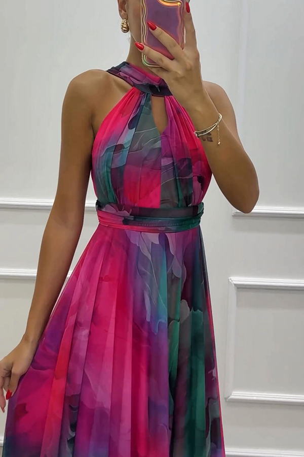 Elaine Tulle Floral Splash Print Cutout Halter Tie-up Neck Gown Maxi Dress-consonak