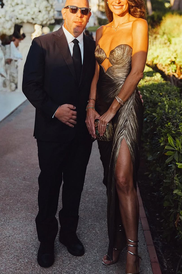 Amisha Metallic Pleated Shell Cups Hollow Gold Pendant Strapless Drape Slit Maxi Dress-consonak