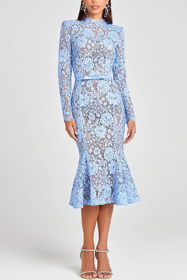 Feminine and Elegant Flower Lace Long Sleeve Bow Belted Flare Midi Dress-consonak