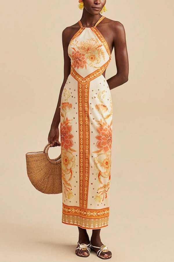 Floral Print Sleeveless Backless Tie Slim-fit Vacation Maxi Dress