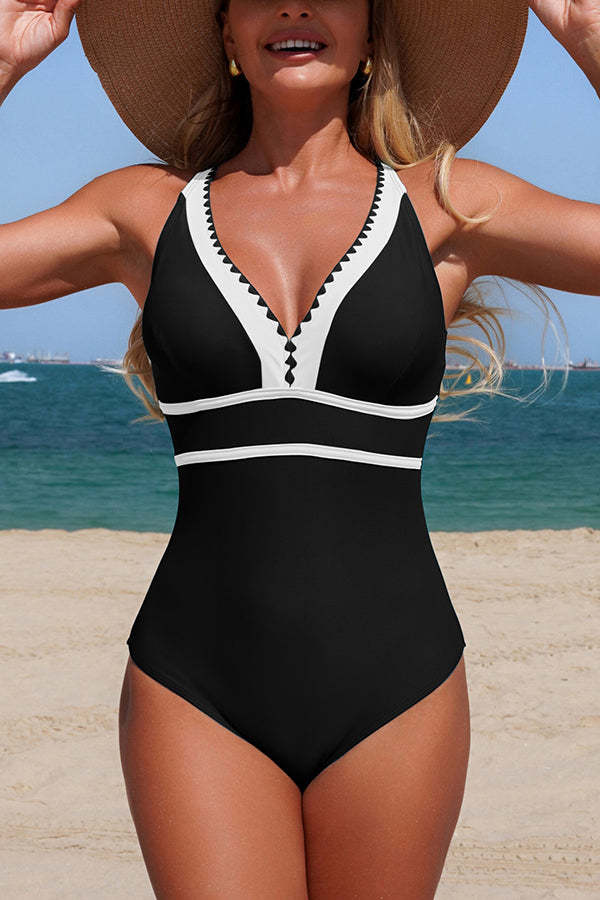 Stylish Color-blocked V-neck Stretch One-piece Swimsuit-consonak