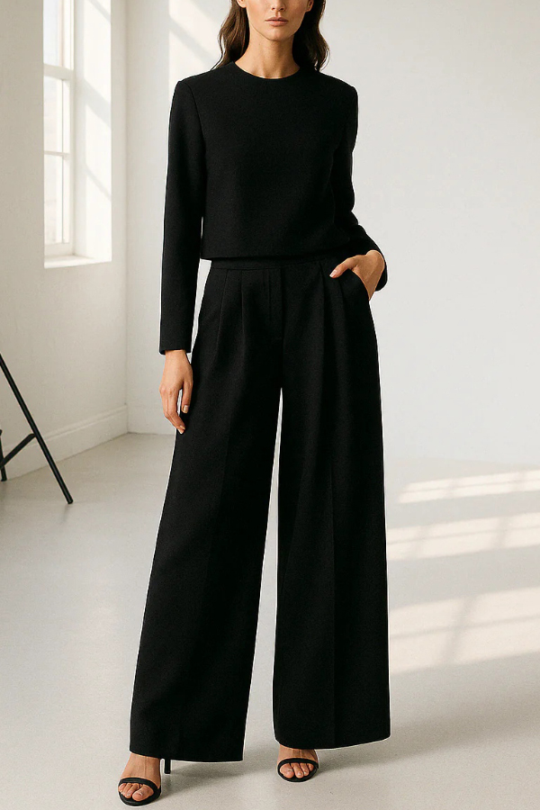 Solid Color Crew Neck Long-sleeved Cropped Top and Casual Pocket Wide-leg Pants Set-consonak