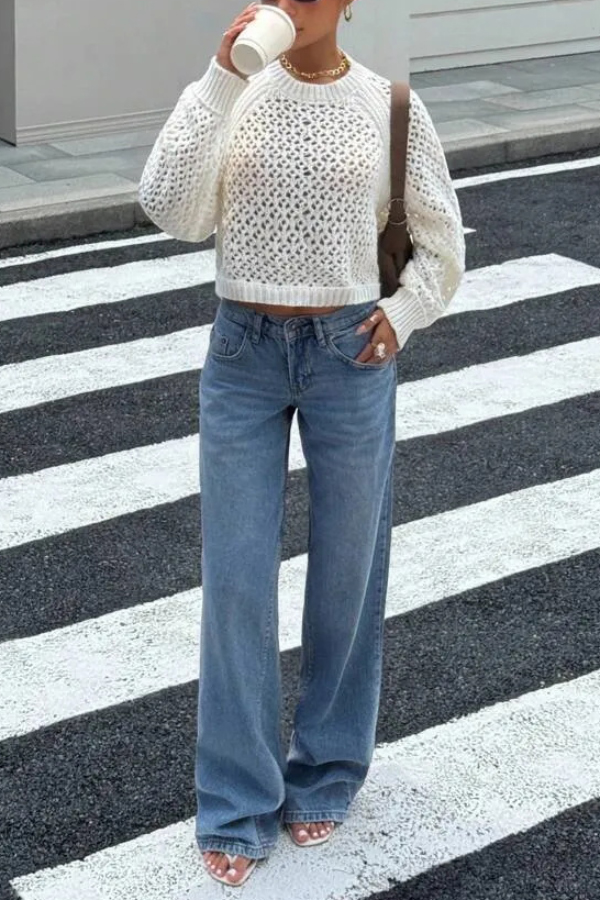 Fashionable Openwork Round Neck Long-sleeved Backless Tie Knit Sweater